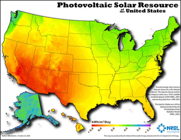 Solar Potential Energy Map, in Wh per W of solar array per day, averaged yearly