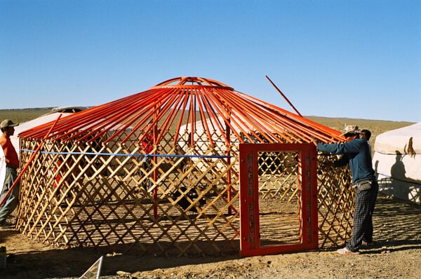 Yurt Without Cover Showing Wall Lattice and Roof Poles